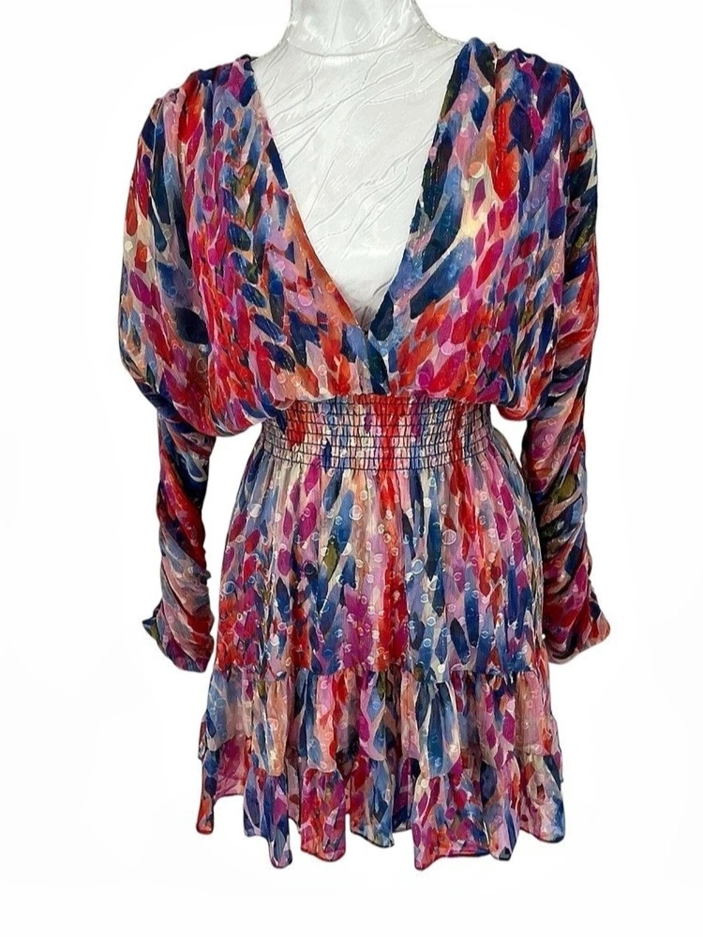 MISA Sz XS Chiara Mini Dress Vibrant Abstract Print Smocked Waist Long Sleeve